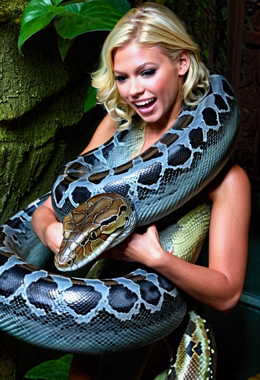 Happy Horny, aroused 1girl), beautiful blonde young girl with giant colossal Kaa monster squeezing her hard, wrapped in thick spiraling coils, constricted, struggle, gasping for air, snake attack, snake peril