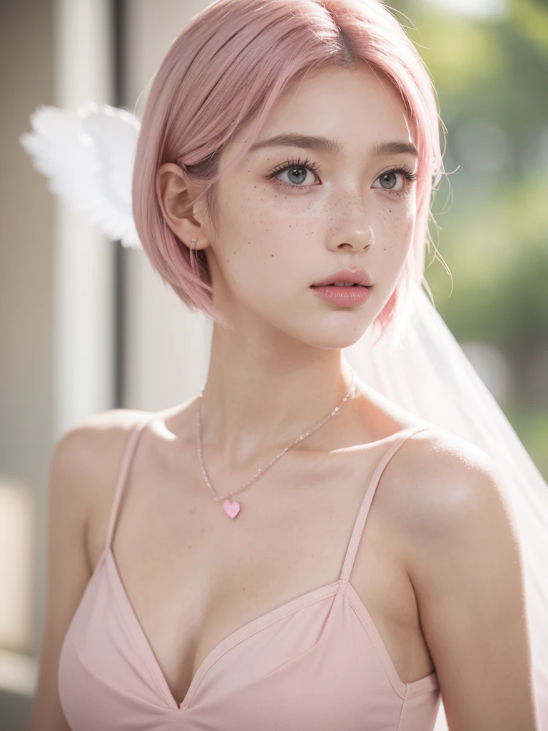 Background ( city), standing and posing as a model, front view, wearing a maid costume , cosplaying as a maid,short pink hair , with a star clip in her pink hair, light colored eyes, pretty eyes, happy eyes, pretty, upturned nose, watery nose, Pretty lips, pink lips, heart and cupid shaped lip, pretty skin, pale, White skin, with moles and freckles all over his face, soft pink blush on the cheeks, natural pink blush, soft pink makeup, Jennie, nice neck, frown, tender look, with a kiss necklace, while having a bare abdomen, Delgado, marked and pretty, (big breasts, soft breasts, nice breasts), photorealism, 8k , photorealistic , show clearly,