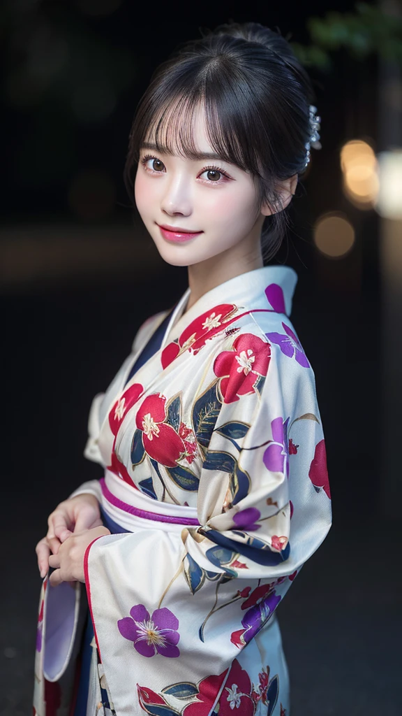 （kimono）、(highest quality、8k、High resolution、masterpiece:1.2)、Very detailed、(Realistic、photoRealistic、photo-Realistic:1.3)、Bokeh、(Natural and detailed eyes、beautiful girl、Young Face、Detailed face、No makeup)、Backlight:1.2、smile