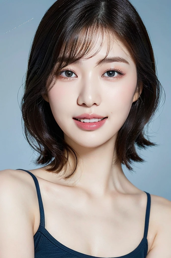 ((big laugh)), high-level image quality、20 year old Korean girl photo, raw, cute face, (black bob hair), )((Portrait)), (dull blue background:1.4), ((Detailed face:1.2)), ((A detailed face Characterized by fine skin), pale skin, , (cold color), moist, moist, reflector stay piece) (perfectly proportions)(photos realistic)(Best Quality) photographed in a Canon EOS R5, 50mm Lens,(8K), very long upper eyelashes、Very long lower eyelashes、Detailed lashes、Curled eyelashes、eyelash perm、Beautiful lashes, Natural eyes、