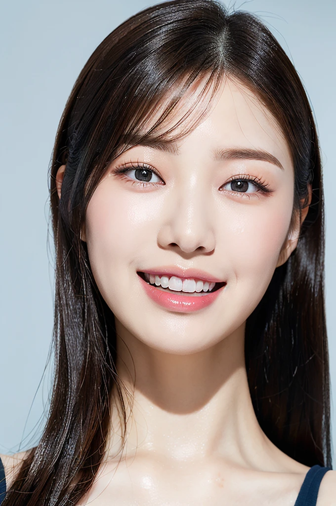 ((big laugh)), high-level image quality、20 year old Korean girl photo, raw, cute face, (black bob hair), )((Portrait)), (dull blue background:1.4), ((Detailed face:1.2)), ((A detailed face Characterized by fine skin), pale skin, , (cold color), moist, moist, reflector stay piece) (perfectly proportions)(photos realistic)(Best Quality) photographed in a Canon EOS R5, 50mm Lens,(8K), very long upper eyelashes、Very long lower eyelashes、Detailed lashes、Curled eyelashes、eyelash perm、Beautiful lashes, Natural eyes、