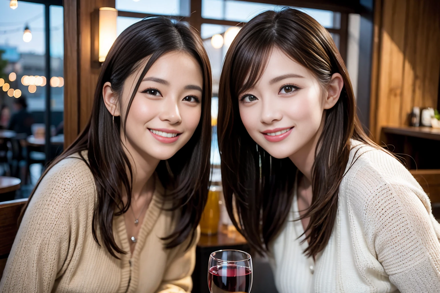 ((Highest quality、8K、masterpiece:1.3))、cute、slimカップル、modelカップル、actress男優、(Realistic, Intricate details:1.2), full-course dinner、Wine Party、Amazing view of the sunset sky and clouds、A bright smile、short hair,Bright Face、 (Age 44), Age 42, red wine 、Appetizers、Italian food、Wine bottle、Champagne、sparkling wine、Two beauties、Brown Hair、Shortcuts、Long sleeve shirt、dress、Beautiful woman 1, (slimな顔), (The body is slim), (Brown Hair), (Shortcuts), cheeks turn a little red,Attractive beauty、restaurant, In a prominent place (From the waist up) Nova Frog Style, actress, model, Upper Body, White wine, slim, wine glass, 中央に置かれたwine glass, smile, (smile: 1.15), Beautiful fine grain, Depth f/2,saturation, High Contrast, Strong light and shadow,Moist Body:1.5、3D texture、Delicate eyes、Brown Hair、The hair is very shiny、