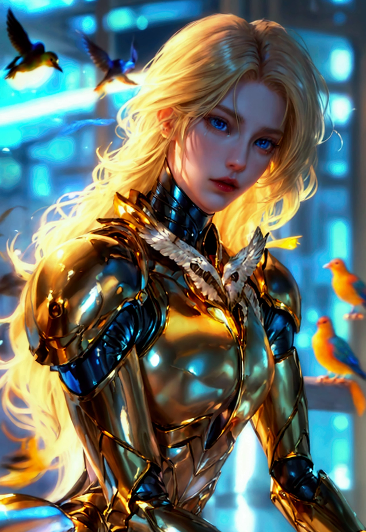 (masculine, man) (solo un modelo masculine )(android) (blonde hair that reaches to the heels) (Blue eyes) (Slim and toned body) (She wears a tight brown bodysuit with gold details.) (laboratory background) (holding a bird in his hands) (very long hair that reaches to the heels) (man android con pájaros alrededor) (sitting with birds around)  (kind look)