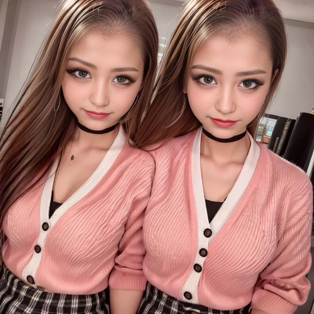 ((Highest quality、Tabletop、8K、Best image quality))、(1 photo:1.5)、very saturated、1 、((Pink Cardigan、Uniform shirt、pink plaid pleated skirt))、The happiest smile、Look at me、Wavy Hair、The background is a school classroom、lipstick、Long eyelashes、Perfect Makeup、Accentuate your body lines、Big ample breasts、Accurate anatomy、(Perfect Hair:1.2)、Sculpture Pose、(exact cardigan:1.3)
