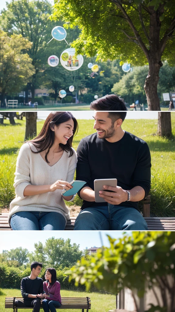 A scene showing two people, a man and a woman, sitting in different locations but both smiling while looking at their smartphones. The man is sitting on a park bench with green trees in the background, and the woman is in a cozy room with a bookshelf behind her. They are both clearly engaged in a lively text conversation, with visible message bubbles on their screens indicating frequent and happy communication.