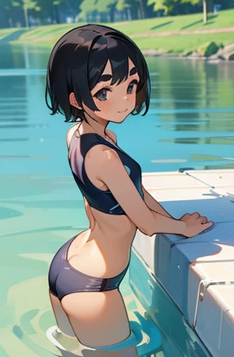 swimming suits,flat chest,1 girl,naturals,river,short hair,black hair, friend,thick eyebrows ,ass pov face,smile,ass pov,countryside,1girl wearing Tシャツ with swimming suits,9yo