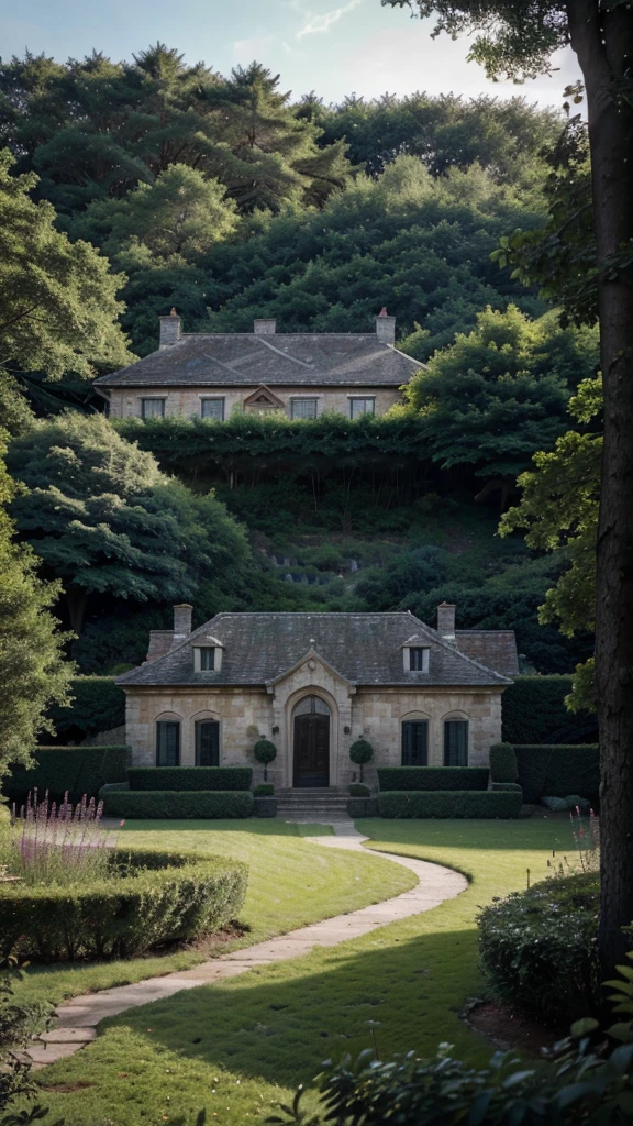 A large house on top of a hill, with a pine forest behind it, and a walled garden in front, (best quality,4k,8k,highres,masterpiece:1.2),ultra-detailed,(realistic,photorealistic,photo-realistic:1.37),highly detailed landscape, lush green garden, stone walls, wooden house, pine trees, dramatic lighting, warm color tones, cinematic composition