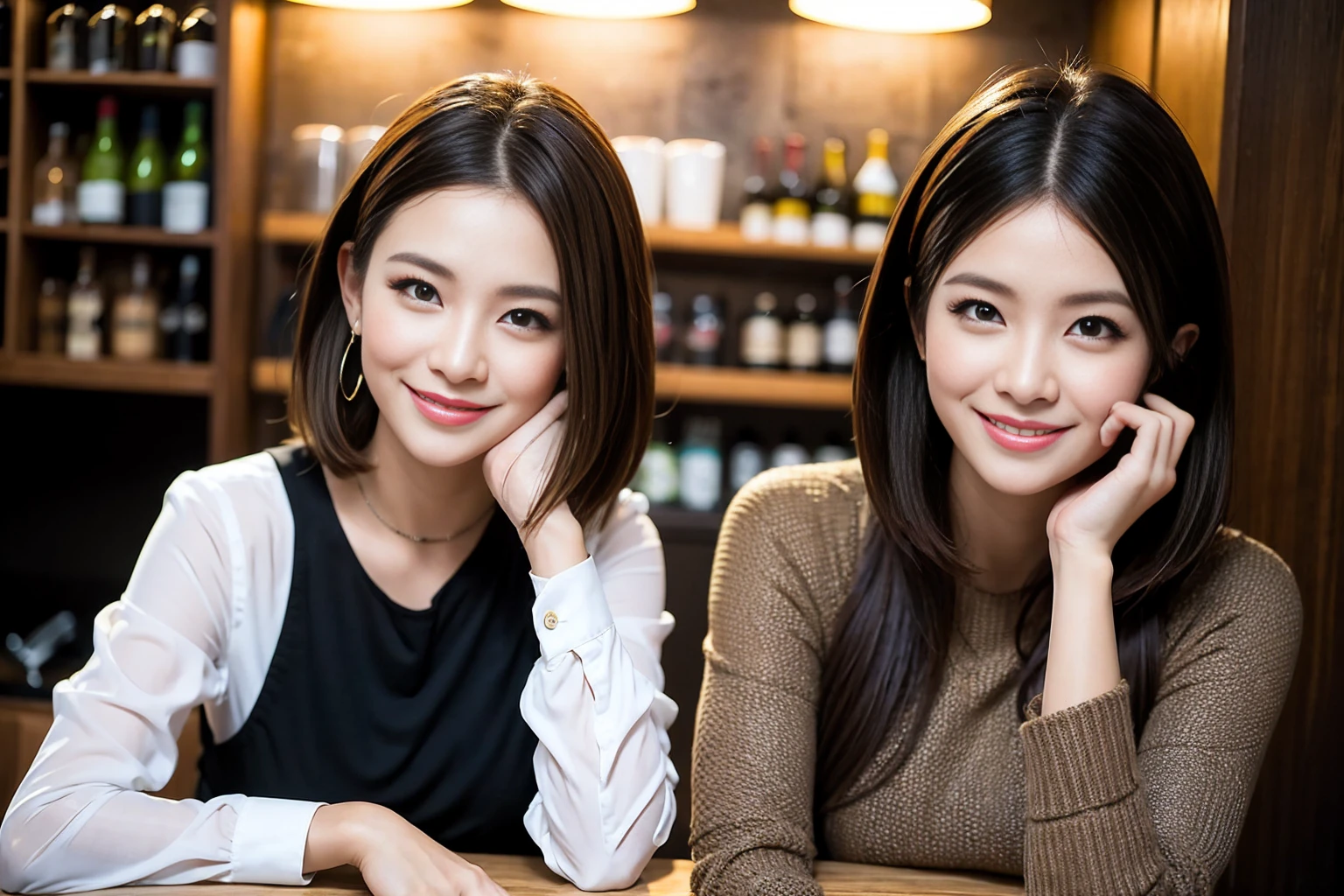 ((Highest quality、8K、masterpiece:1.3))、cute、slimカップル、modelカップル、actress男優、(Realistic, Intricate details:1.2), full-course dinner、Wine Party、Amazing view of the sunset sky and clouds、A bright smile、short hair,Bright Face、 (Age 44), Age 42, red wine 、Appetizers、Italian food、Wine bottle、Champagne、sparkling wine、Two beauties、Brown Hair、Shortcuts、Long sleeve shirt、dress、Beautiful woman 1, (slimな顔), (The body is slim), (Brown Hair), (Shortcuts), cheeks turn a little red,Attractive beauty、restaurant, In a prominent place (From the waist up) Nova Frog Style, actress, model, Upper Body, White wine, slim, wine glass, 中央に置かれたwine glass, smile, (smile: 1.15), Beautiful fine grain, Depth f/2,saturation, High Contrast, Strong light and shadow,Moist Body:1.5、3D texture、Delicate eyes、Brown Hair、The hair is very shiny、