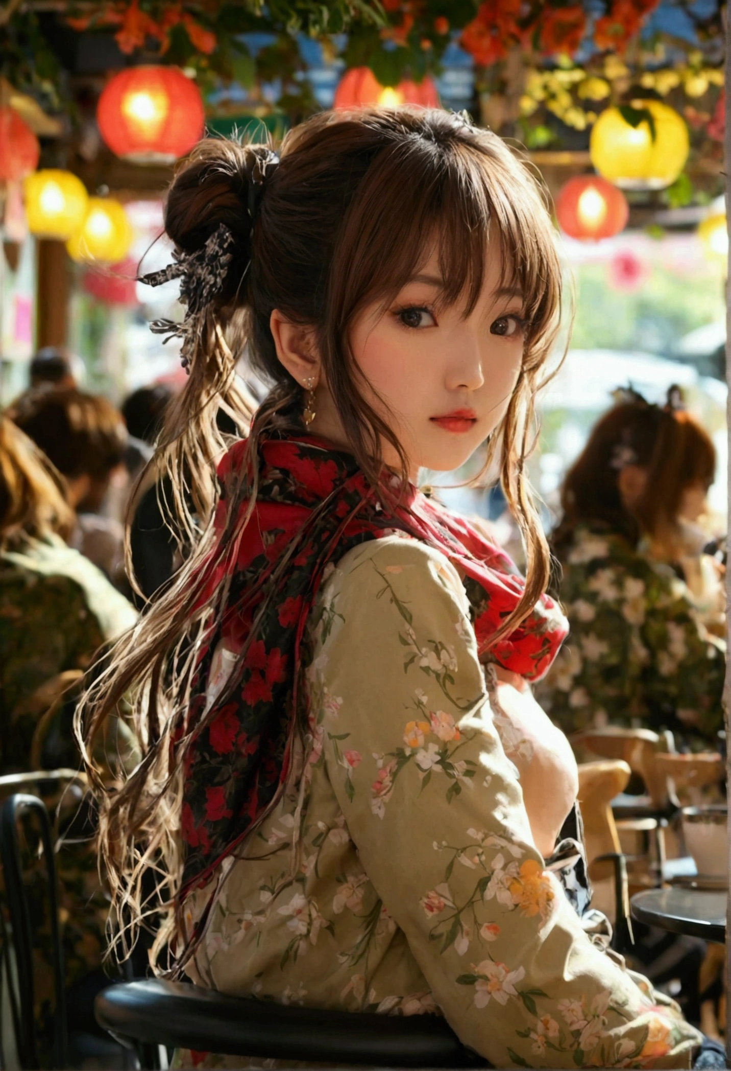 ((beautiful japanese female))、9th clasasterpiece Top Quality High Resolution , (((A cafe crowded with many customers)))、Bustling cafe terrace、Sit in a chair、long bangessy bun hair)、(Floral skirt)、Down jacket、muffler、piercings、beauty legs 、As if looking up from below、(((Turn your face away)))、((Delicate Photos))，(Detailed RAW photos of girls), (masutepiece:1.25), (Best Quality:1.6), (超A high resolution:1.5), (Photorealistic:1.75), 8K resolution, Canon EOS R5, 50 millimeters, absurderes, ultra-detailliert,Cinematic lighting,(((panties slip off)))、(Please open your legs)