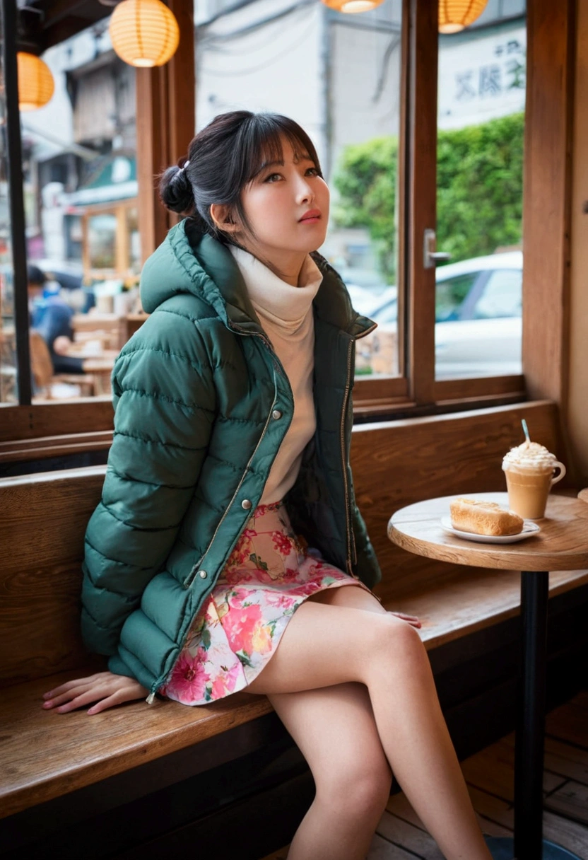 ((beautiful japanese female))、9th clasasterpiece Top Quality High Resolution , (((A cafe crowded with many customers)))、Bustling cafe terrace、Sit in a chair、long bangessy bun hair)、(Floral skirt)、Down jacket、muffler、piercings、beauty legs 、As if looking up from below、(((Turn your face away)))、((Delicate Photos))，(Detailed RAW photos of girls), (masutepiece:1.25), (Best Quality:1.6), (超A high resolution:1.5), (Photorealistic:1.75), 8K resolution, Canon EOS R5, 50 millimeters, absurderes, ultra-detailliert,Cinematic lighting,(((panties slip off)))、(Please open your legs)