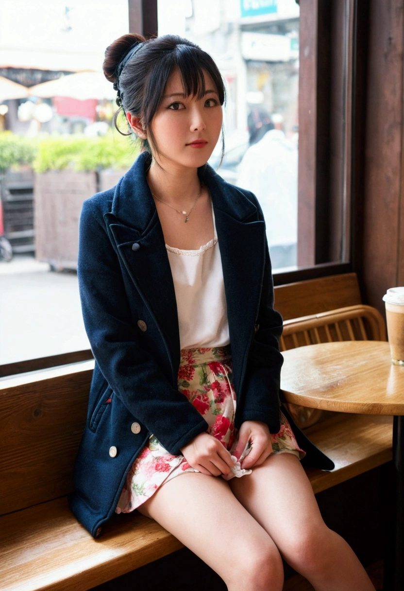 ((beautiful japanese female))、9th clasasterpiece Top Quality High Resolution , (((A cafe crowded with many customers)))、Bustling cafe terrace、Sit in a chair、long bangessy bun hair)、(Floral skirt)、Down jacket、muffler、piercings、beauty legs 、As if looking up from below、(((Turn your face away)))、((Delicate Photos))，(Detailed RAW photos of girls), (masutepiece:1.25), (Best Quality:1.6), (超A high resolution:1.5), (Photorealistic:1.75), 8K resolution, Canon EOS R5, 50 millimeters, absurderes, ultra-detailliert,Cinematic lighting,(((panties slip off)))、(Please open your legs)