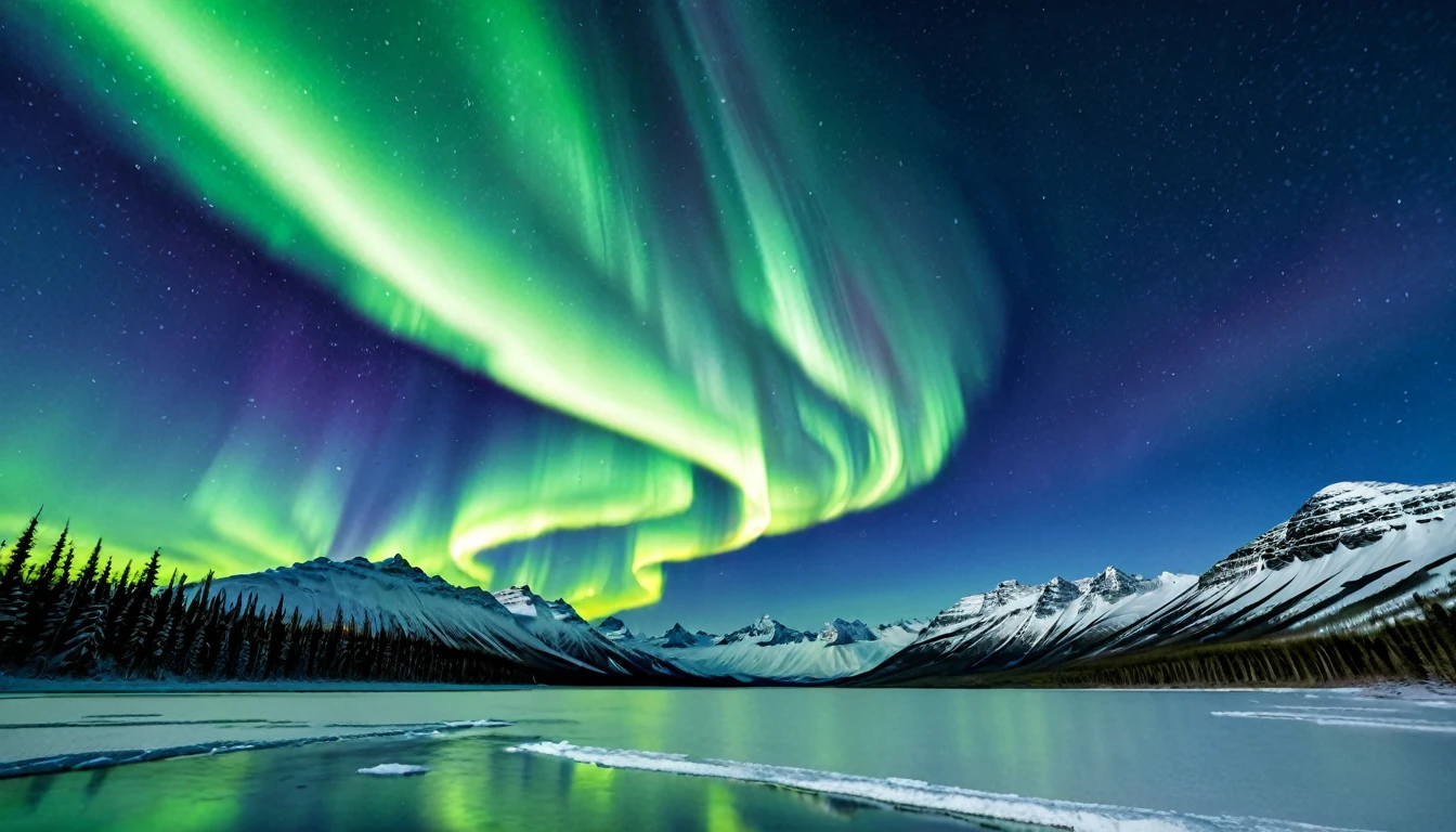 You are a photographer。Auroraの美しい写真をプロ仕様のカメラで撮影しました。
The photo requirements are as follows: No people required. Only landscapes taken at night. Canada Aurora snow