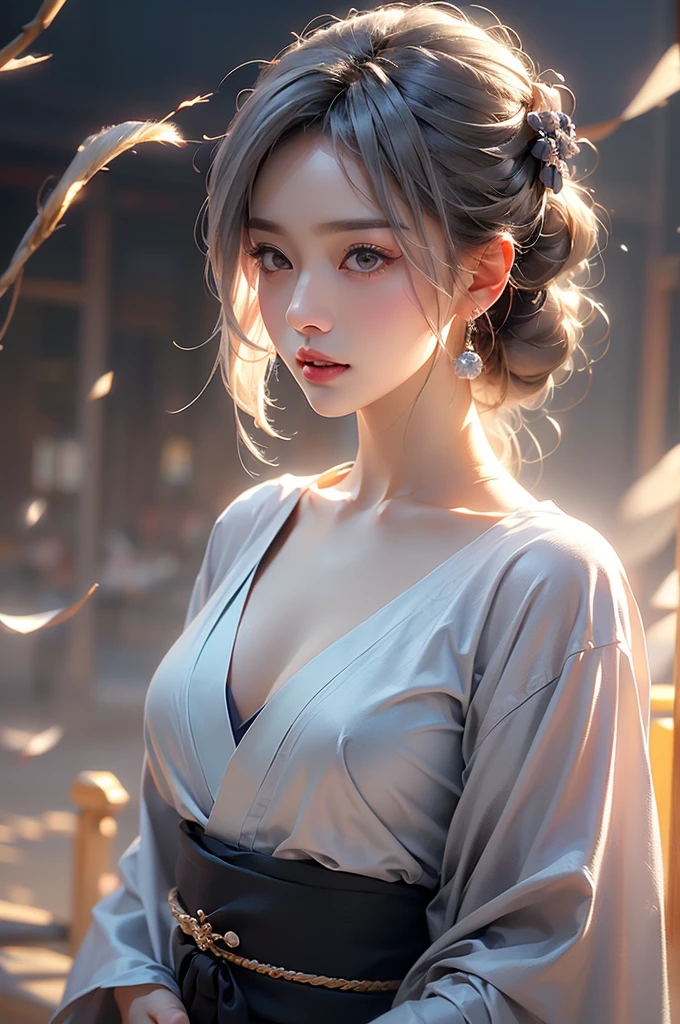 super high quality, masterpiece, Perfect illustration, Very detailed (Exquisite light and shadow, Very dramatic photo,Backlight) , ((Gray Hair:1.5))1 Girl,(( alone:1.6)), (Wearing Japanese clothes, Black and white kimono,Black Hanfu Monotony,Long sleeve、Twelve-layered kimono) Flower Field, Flowers, (White smoke:1.3) (Realistic:1.4), Zen Intertwining, Tangled, Official Art, unity 8k wallpaper, Very detailed, Beautiful and beautiful, masterpiece, Highest quality, (Dynamic Angle: 1.4), Glowing Skin, (Floating colorful flashes: 1) The most beautiful chaotic shapes, elegant, Brutalist Design, Bright colors, Romantic Depth of Field Exotic_dance, half_naked、(Separate sleeves:1.4, Expose your shoulders、Ample breasts、Beautiful cleavage)(side view)