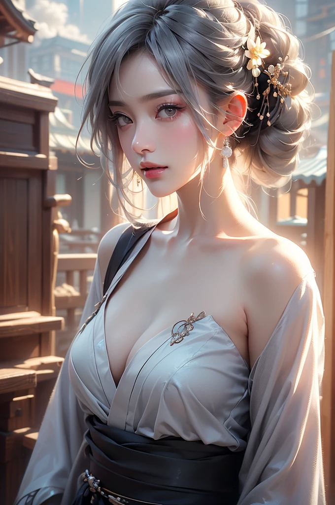 super high quality, masterpiece, Perfect illustration, Very detailed (Exquisite light and shadow, Very dramatic photo,Backlight) , ((Gray Hair:1.5))1 Girl,(( alone:1.6)), (Wearing Japanese clothes, Black and white kimono,Black Hanfu Monotony,Long sleeve、Twelve-layered kimono) Flower Field, Flowers, (White smoke:1.3) (Realistic:1.4), Zen Intertwining, Tangled, Official Art, unity 8k wallpaper, Very detailed, Beautiful and beautiful, masterpiece, Highest quality, (Dynamic Angle: 1.4), Glowing Skin, (Floating colorful flashes: 1) The most beautiful chaotic shapes, elegant, Brutalist Design, Bright colors, Romantic Depth of Field Exotic_dance, half_naked、(Separate sleeves:1.4, Expose your shoulders、Ample breasts、Beautiful cleavage)(side view)