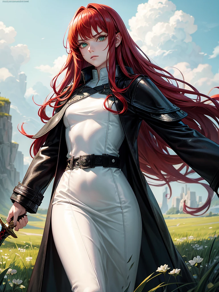 Portrait, fantasy, Beautiful, majestic, warrior woman, solo-girl, (long red hair:1.1), pale white skin, green eyes, narrow eyes, (black long leather coat:1.4), grey shoulder pads, holding a sword, standing in a grassy field