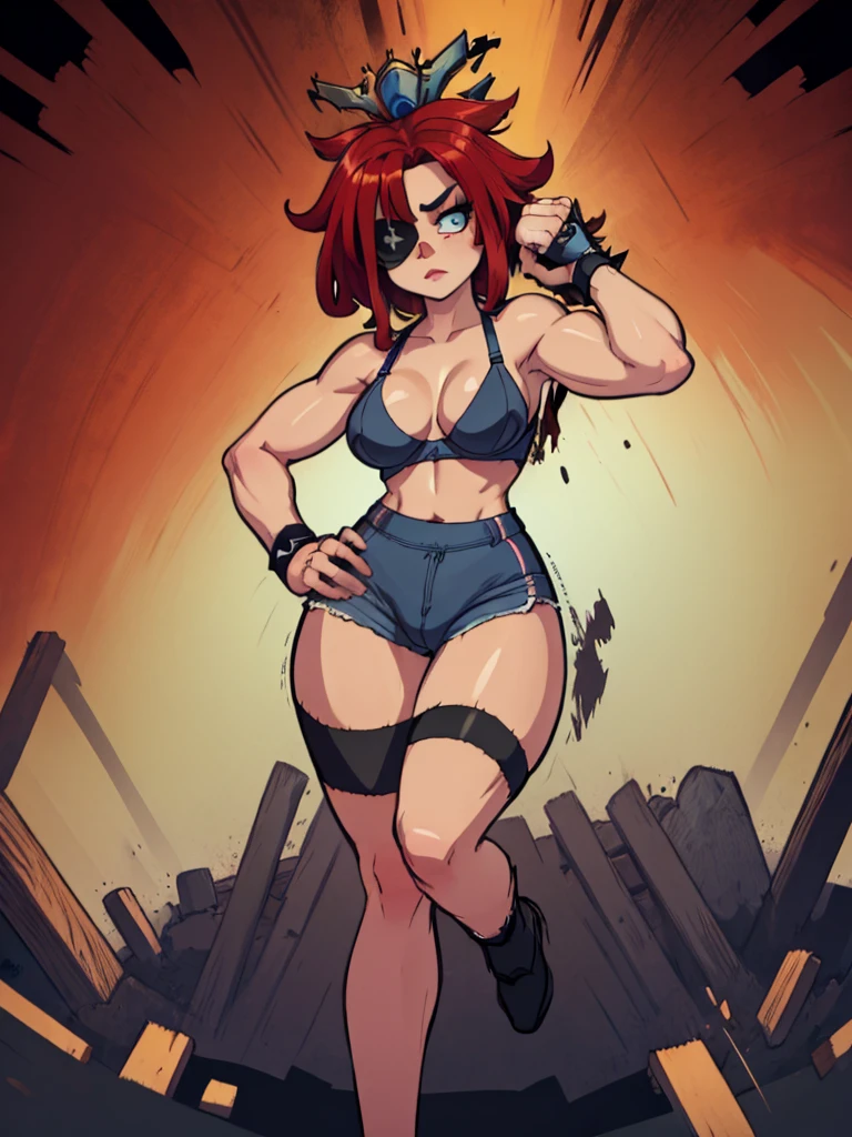 ((full bodyesbian)), (Simple background), 1woman, ((High resolution)), (simple background), (white backgrounid:1.3), Ragatha's appearance resembles that of a living ragdoll with stitching on its body, with red, yarn-like hair, a flat, slightly older woman, reddish-orange triangular nose, (((she wears black sports bra and black shorts))), the biceps on her arms are flexed, (((black guatelente that covers the arm up to the elbow))), (((gold knuckle duster with spikes))), body muscular, (((blue eye patch))), her lips are slightly parted, showing a hint of determination and resilience, wearing black boxing gloves, flexing her biceps, stands in a challenging pose, hands on hips, with a full-body representation.