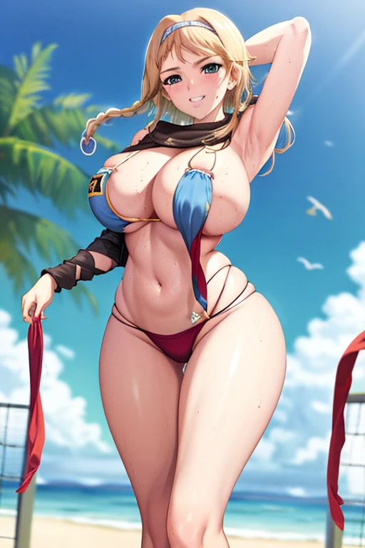 masterpiece, best quality, beautiful art, high resolution, well formed hands, body and fingers, 1 woman, solo, Kate Upton , blonde, adult, large and round breasted, cleavage, hair ribbon, wearing a Leina Vance outfit, loin cloth, full body picture, sexy and skimpy bikini armor, gorgeous hips, legs and thighs , doing exercise, warming up, working out, sexy and captivating training, smiling joyfully and happily , looking at the viewer, panties peek, sweating , bouncing breasts, t back thong, training montage session, beach environment