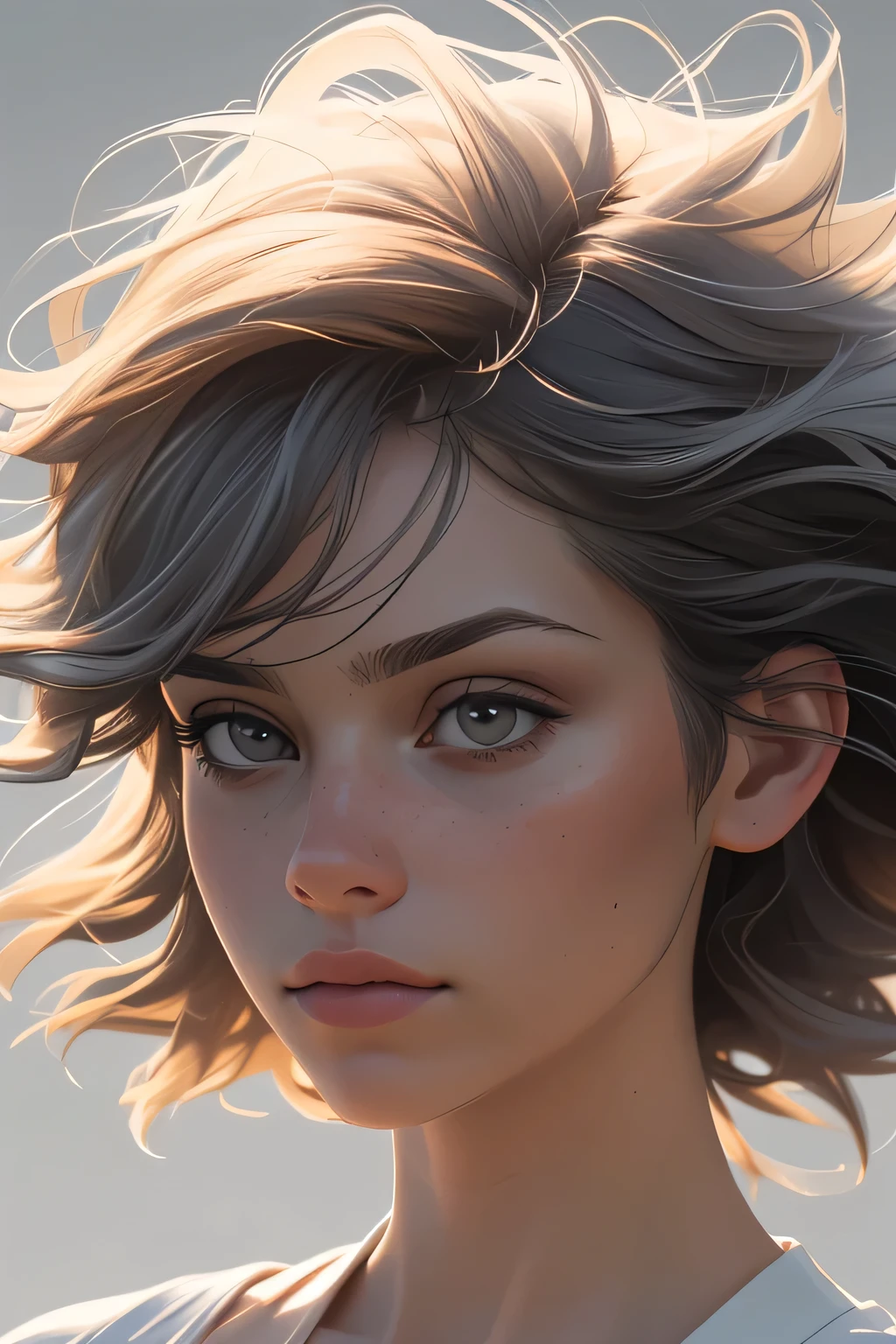 ((head shot:1.2) portrait we have (Plain gray background:1.2), (head shot:1.2), (facial focus:1.1), chaotic windswept hair, soft lighting, low contrast, low saturation:1.2),
bokeh, F1.4, 40mm, photorealistic, RAW, 8k, textured skin, skin pores, intricate details epiCRealism