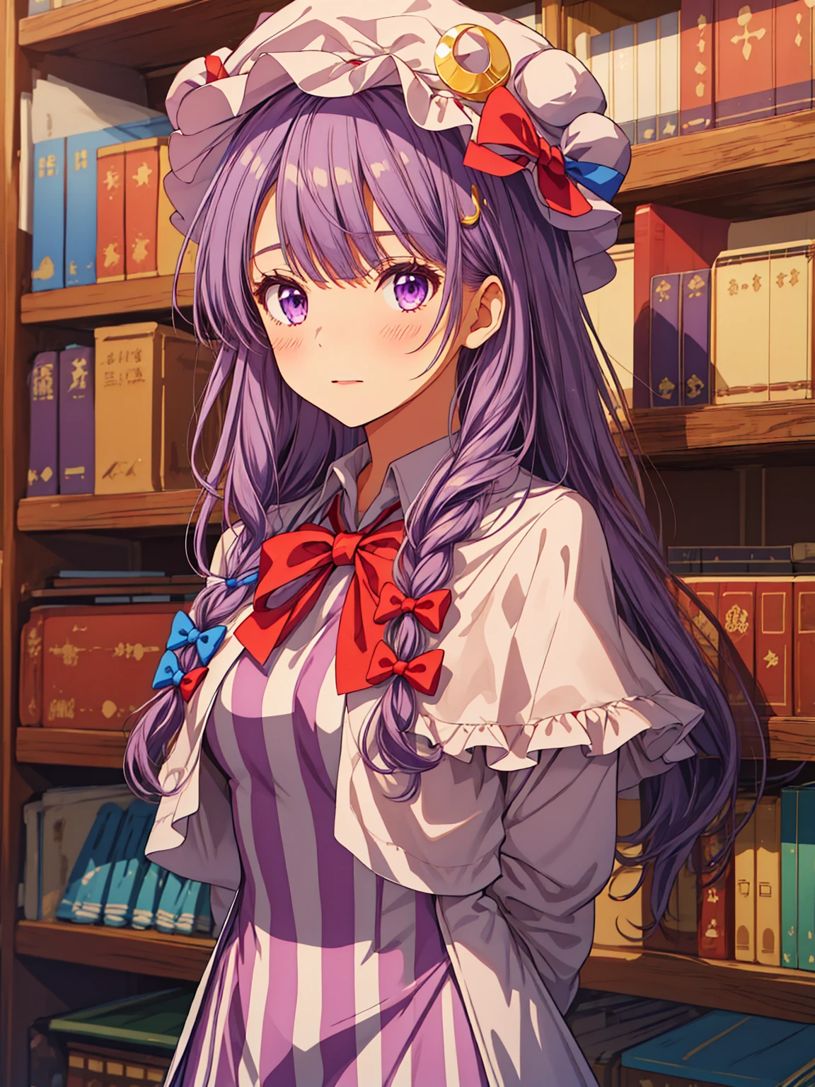 best quality, masterpiece, highres,  upper_body,  looking_at_viewer, solo, {patchouli_knowledge_touhou:1.15}, long_hair, purple_hair, crescent, purple_eyes, ribbon, hat, bow, bangs, mob_cap, hat_ornament, crescent_hat_ornament, hair_bow, red_bow, blue_bow, red_ribbon, capelet, hat_ribbon, striped, very_long_hair, 1girl, blunt_bangs, dress, long_sleeves, striped_dress, vertical-striped_dress, vertical_stripes, blue_ribbon, purple_dress, purple_headwear, sidelocks, bowtie, frills, purple_capelet, red_bowtie, wide_sleeves, Enchanted Libraries, fantasy,( arms behind back:1.2),