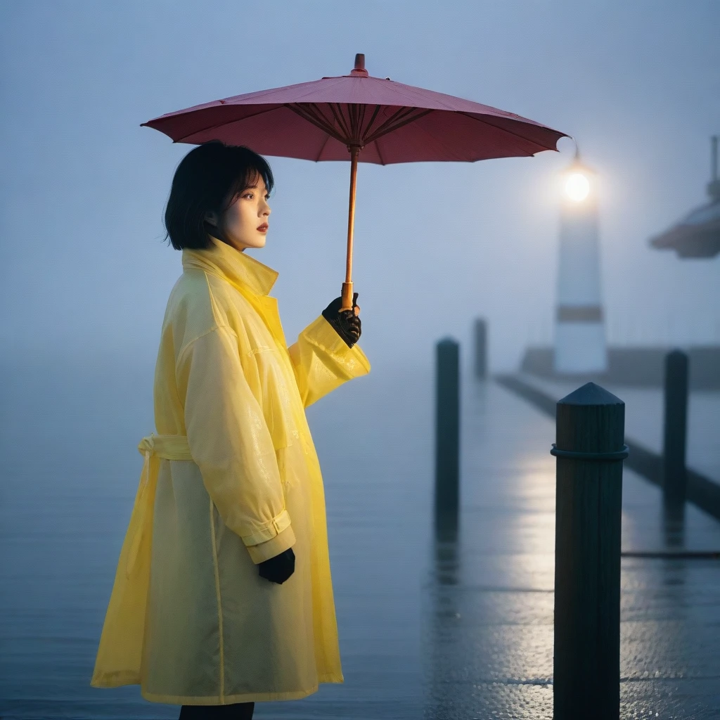1 Korean woman in her 50s, short medium hair, solo, rain, Fog, cold, raincoat, boring, , pier, only, lighthouse, Coast, The dim light shines in the Fog,and the figure stands in the Fog holding an umbrella, (명암대rain, cinematic lighting, shadow, film grain, anatomically correct, accurate, Awards, 8K) realistic photo