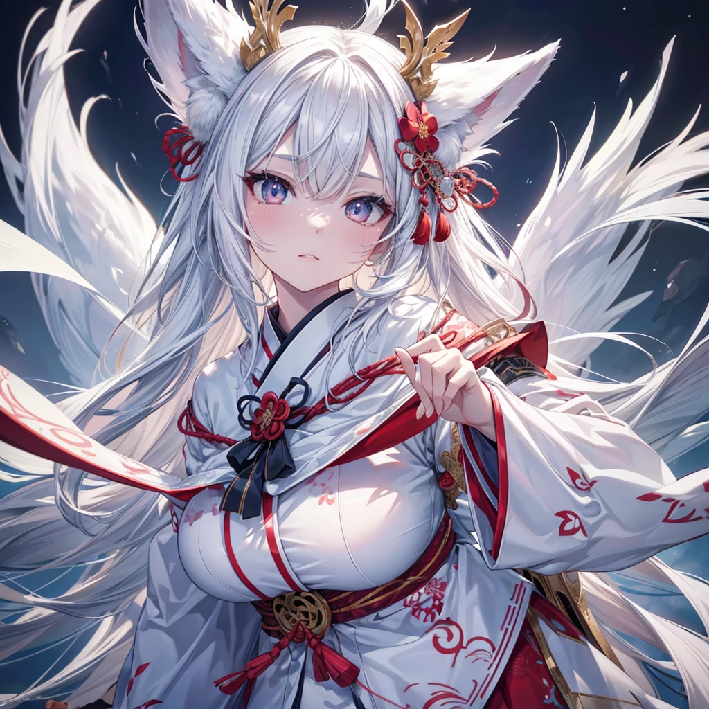 cute fluffy white nine tailed fox,Japanese mythical creature,beautiful detailed eyes,beautiful detailed face,extremely detailed fur,intricate patterns,symmetrical design,award winning,high resolution vector art,(best quality,4k,8k,highres,masterpiece:1.2),ultra-detailed,(realistic,photorealistic,photo-realistic:1.37),digital painting,studio lighting,vibrant colors,minimalist background