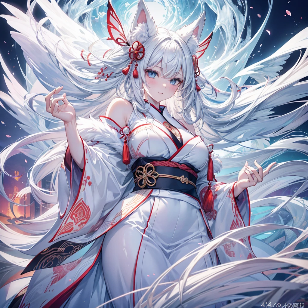 cute fluffy white nine tailed fox,Japanese mythical creature,beautiful detailed eyes,beautiful detailed face,extremely detailed fur,intricate patterns,symmetrical design,award winning,high resolution vector art,(best quality,4k,8k,highres,masterpiece:1.2),ultra-detailed,(realistic,photorealistic,photo-realistic:1.37),digital painting,studio lighting,vibrant colors,minimalist background