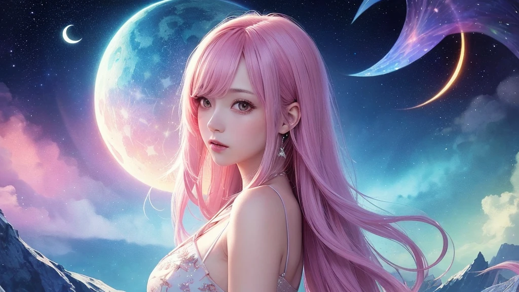 (masterpiece, top quality, best quality,watercolor (medium),official art, beautiful and aesthetic:1.2),(1girl:1.3), (fractal art:1.3),upper body, from side, looking at viewer,patterns,(rainbow color Hair,colorful hair,half blue and half pink hair:1.2),water,liquid, cloud,colorful, starry,stars,,moon,star night, "Generate an image of the character with the background changed to a fantastical night scene, like Orihime, featuring a mystical and dreamlike atmosphere with a luminous moon, sparkling stars, and an ethereal glow."