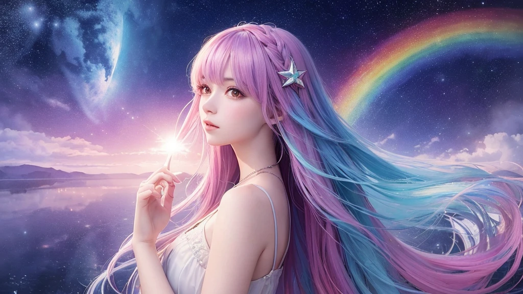 (masterpiece, top quality, best quality,watercolor (medium),official art, beautiful and aesthetic:1.2),(1girl:1.3), (fractal art:1.3),upper body, from side, looking at viewer,patterns,(rainbow color Hair,colorful hair,half blue and half pink hair:1.2),water,liquid, cloud,colorful, starry,stars,,moon,star night, "Generate an image of the character with the background changed to a fantastical night scene, like Orihime, featuring a mystical and dreamlike atmosphere with a luminous moon, sparkling stars, and an ethereal glow."