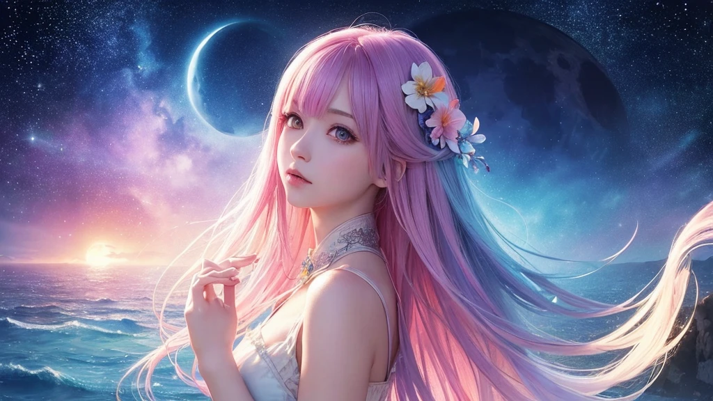(masterpiece, top quality, best quality,watercolor (medium),official art, beautiful and aesthetic:1.2),(1girl:1.3), (fractal art:1.3),upper body, from side, looking at viewer,patterns,(rainbow color Hair,colorful hair,half blue and half pink hair:1.2),water,liquid, cloud,colorful, starry,stars,,moon,star night, "Generate an image of the character with the background changed to a fantastical night scene, like Orihime, featuring a mystical and dreamlike atmosphere with a luminous moon, sparkling stars, and an ethereal glow."