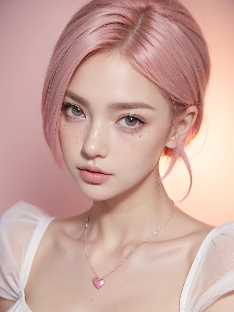 Background ( city), standing and posing as a model, front view, cosplaying as a maid( wearing maid costume), short pink hair , with a star clip in her pink hair, light colored eyes, pretty eyes, happy eyes, pretty, upturned nose, watery nose, Pretty lips, pink lips, heart and cupid shaped lip, pretty skin, pale, White skin, with moles and freckles all over his face, soft pink blush on the cheeks, natural pink blush, soft pink makeup, Jennie, nice neck, frown, tender look, with a kiss necklace, while having a bare abdomen, Delgado, marked and pretty, (big breasts, soft breasts, nice breasts), photorealism, 8k , photorealistic , show clearly,