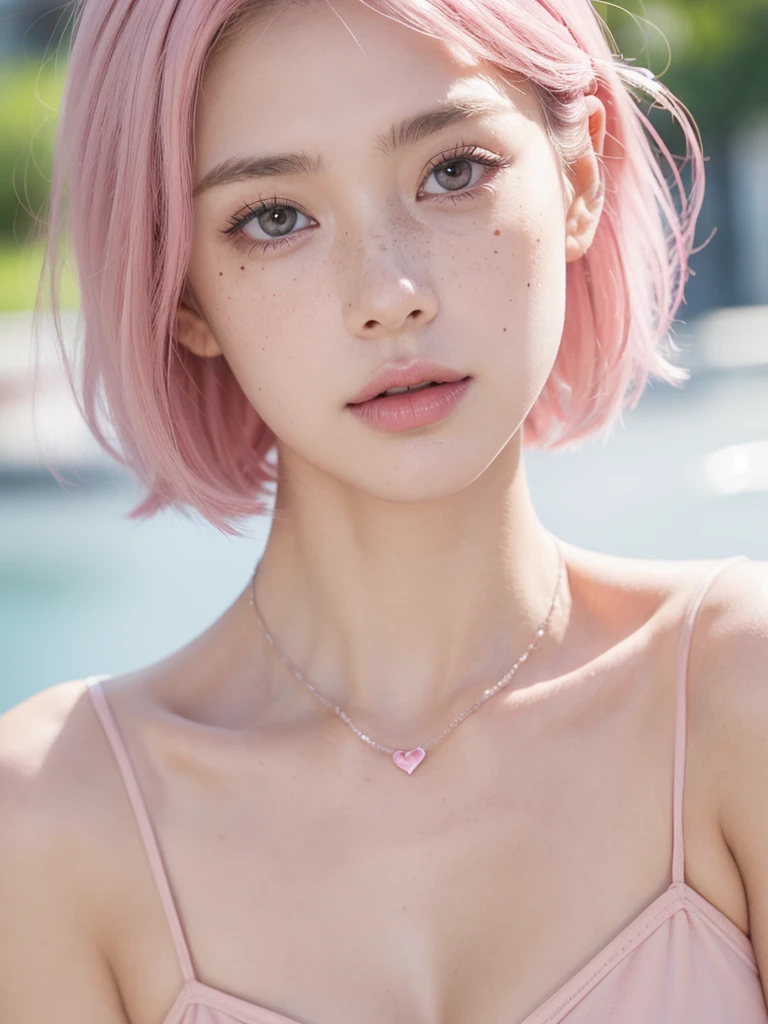 Background ( city), standing and posing as a model, front view, cosplaying as a maid( wearing maid costume), short pink hair , with a star clip in her pink hair, light colored eyes, pretty eyes, happy eyes, pretty, upturned nose, watery nose, Pretty lips, pink lips, heart and cupid shaped lip, pretty skin, pale, White skin, with moles and freckles all over his face, soft pink blush on the cheeks, natural pink blush, soft pink makeup, Jennie, nice neck, frown, tender look, with a kiss necklace, while having a bare abdomen, Delgado, marked and pretty, (big breasts, soft breasts, nice breasts), photorealism, 8k , photorealistic , show clearly,
