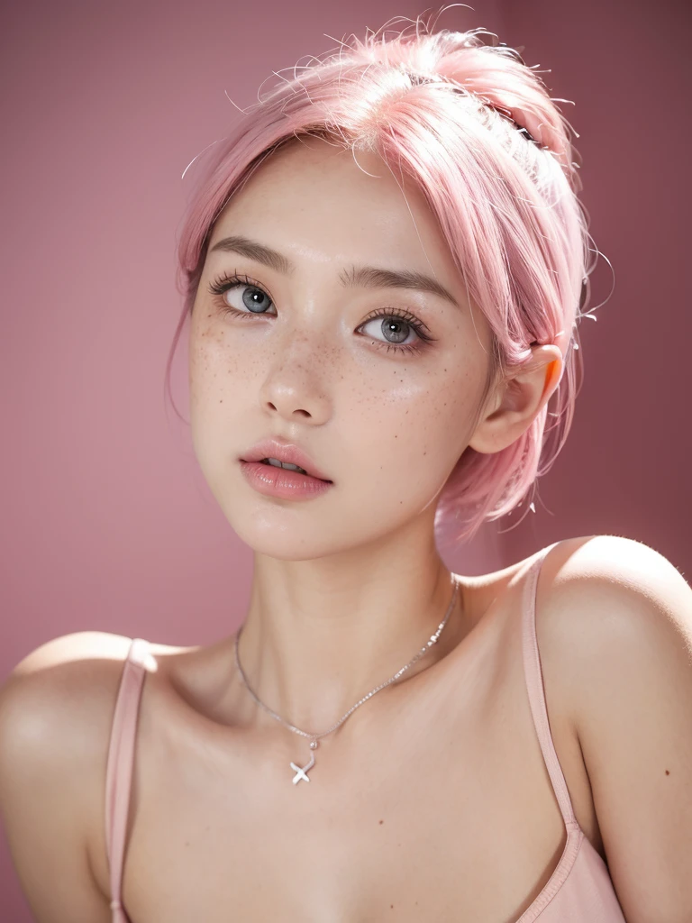 Background ( city), standing and posing as a model, front view, cosplaying as a maid( wearing maid costume), short pink hair , with a star clip in her pink hair, light colored eyes, pretty eyes, happy eyes, pretty, upturned nose, watery nose, Pretty lips, pink lips, heart and cupid shaped lip, pretty skin, pale, White skin, with moles and freckles all over his face, soft pink blush on the cheeks, natural pink blush, soft pink makeup, Jennie, nice neck, frown, tender look, with a kiss necklace, while having a bare abdomen, Delgado, marked and pretty, (big breasts, soft breasts, nice breasts), photorealism, 8k , photorealistic , show clearly,