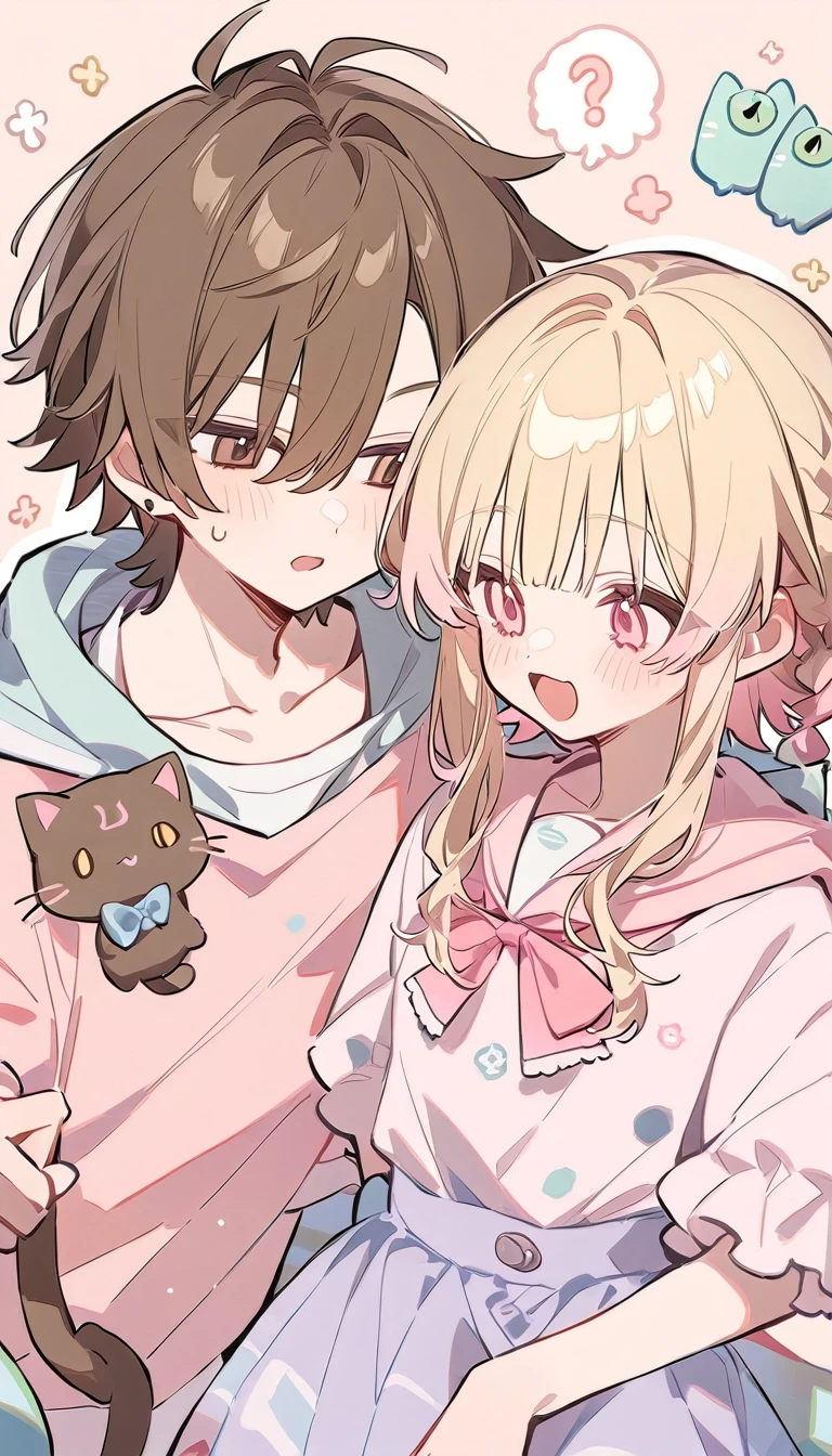 Popular girl,  blonde hair,  pastel pink colors.  And cunning cat boy with long brown hair. 