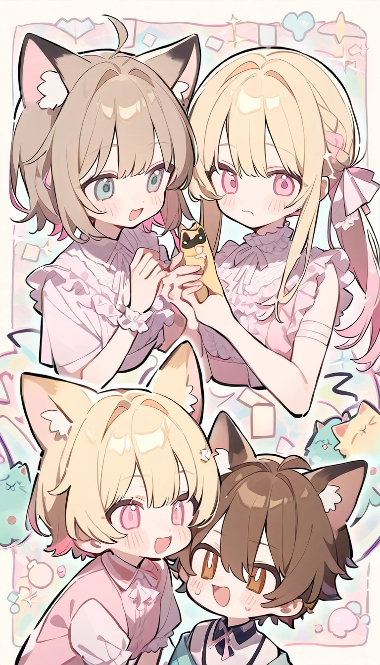 Popular girl,  blonde hair,  pastel pink colors.  And cunning cat boy with long brown hair. 