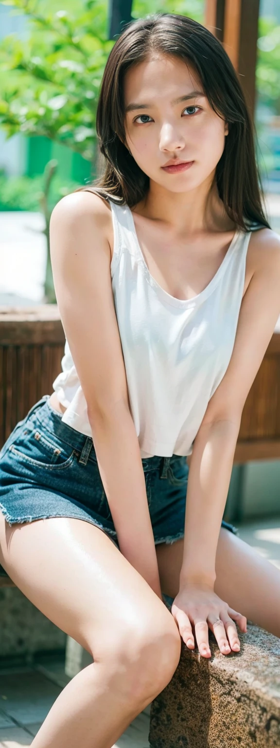 Open shirt, (((Leaning forward))), ((,Round face, Around 17 years old,mini skirt、loose tank top)), Long Hair, , Natural Makeup, Lips become thicker, Sexy Gaze, barefoot, ((Raise one leg)), Shooting from below,Gentle expression ,((Extremely precise and accurate anatomy)), (masterpiece:1.43), Perfect proportions, Realistic photos, Full Shot, whole body, (height: 165cm),