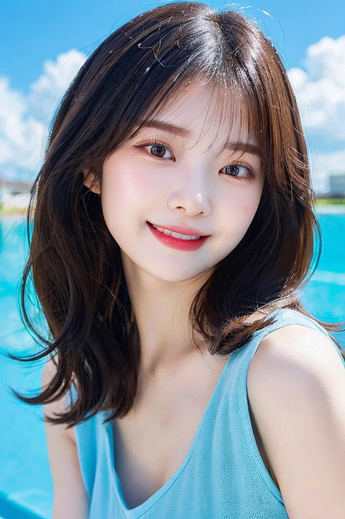 Best Quality, Masterpiece, Ultra High Resolution, (Film Grain: 1.4), Digital Photography, Bangs, Film Lighting, (Fuji Color: 1.2) Portrait,
1 girl, solo, facing the audience, smiling, grinning, crescent eyes, facial close-up, clear pores, looking at the audience, ocean background (realistic: 1.2)