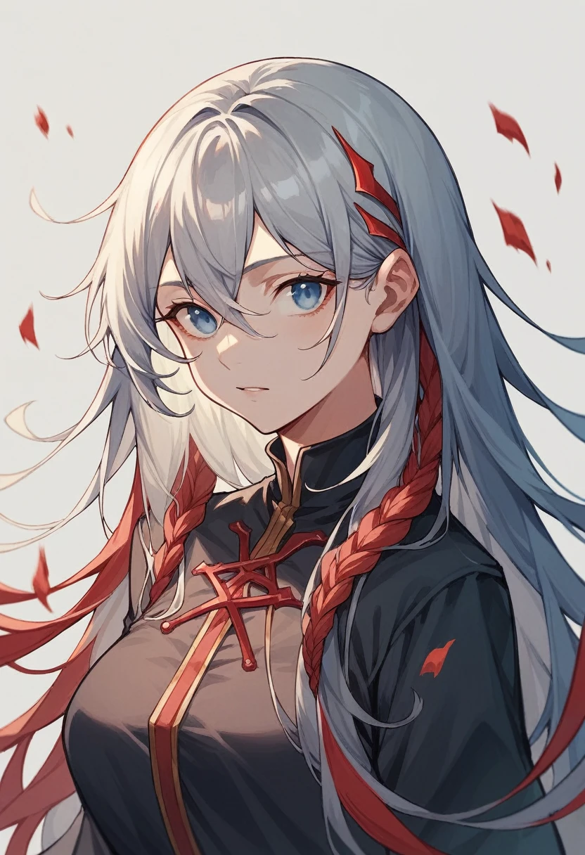 long hair smart girl, wavy and silver with red locks with blue eyes with baggy black clothes