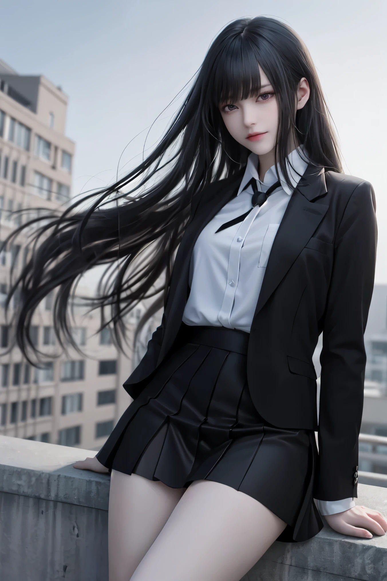 , girl wearing white shirt and black short skirt , , thin black jacket , blonde, super long hair, long hair past the calves , thin hair, flat bangs , Perfect Face, beautiful eyes, Blue butterfly hair clip, hair flying in the wind, background on school rooftop, late afternoon.