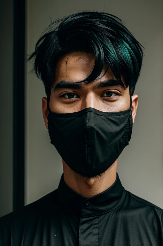 A man with a black shirt and a black and green mask and black and blue hair
