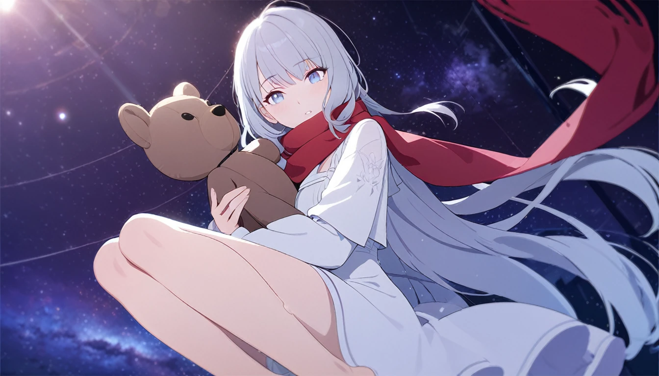 (((masterpiece))), (((best quality))),(((high detail))),light manipulation, girl with long silver hair, gradient purple to sky blue eyes, wearing a white dress, a red scarf, galaxy background, holding a teddy bear, feet, no footwear