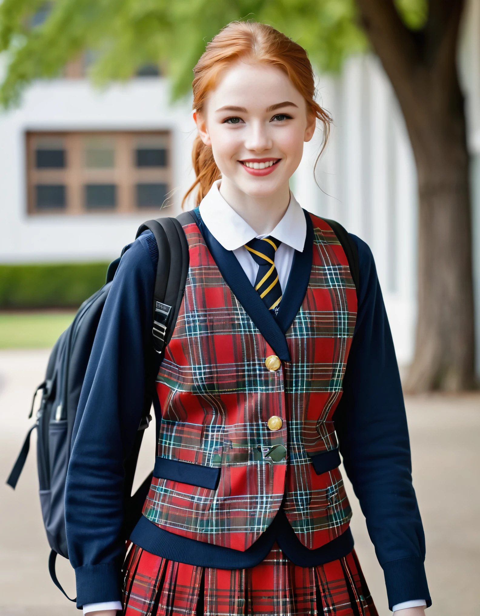 photography full body portrait of very beautiful realistic girl, 16-years-old, standing in front of a high school, carrying backpack, wear fancy uniform with royal Stewart tartan vest, porcelain skin, very fair skin, very pale skin, redhead, wavy, ponytail, detail skin texture, hazel eyes, slanted eyes, small nose, small nostril, think curved eyebrow, thick bottom lip, seductive gaze, happy face, unique face, detail photo, realistic photo, master piece picture, sharp picture, outdoor clear daylight
