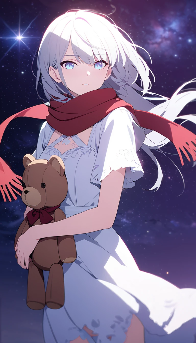 (((masterpiece))), (((best quality))),(((high detail))),light manipulation, girl with long silver hair, gradient purple to sky blue eyes, wearing a white dress, a red scarf, galaxy background, holding a teddy bear, feet, no footwear
