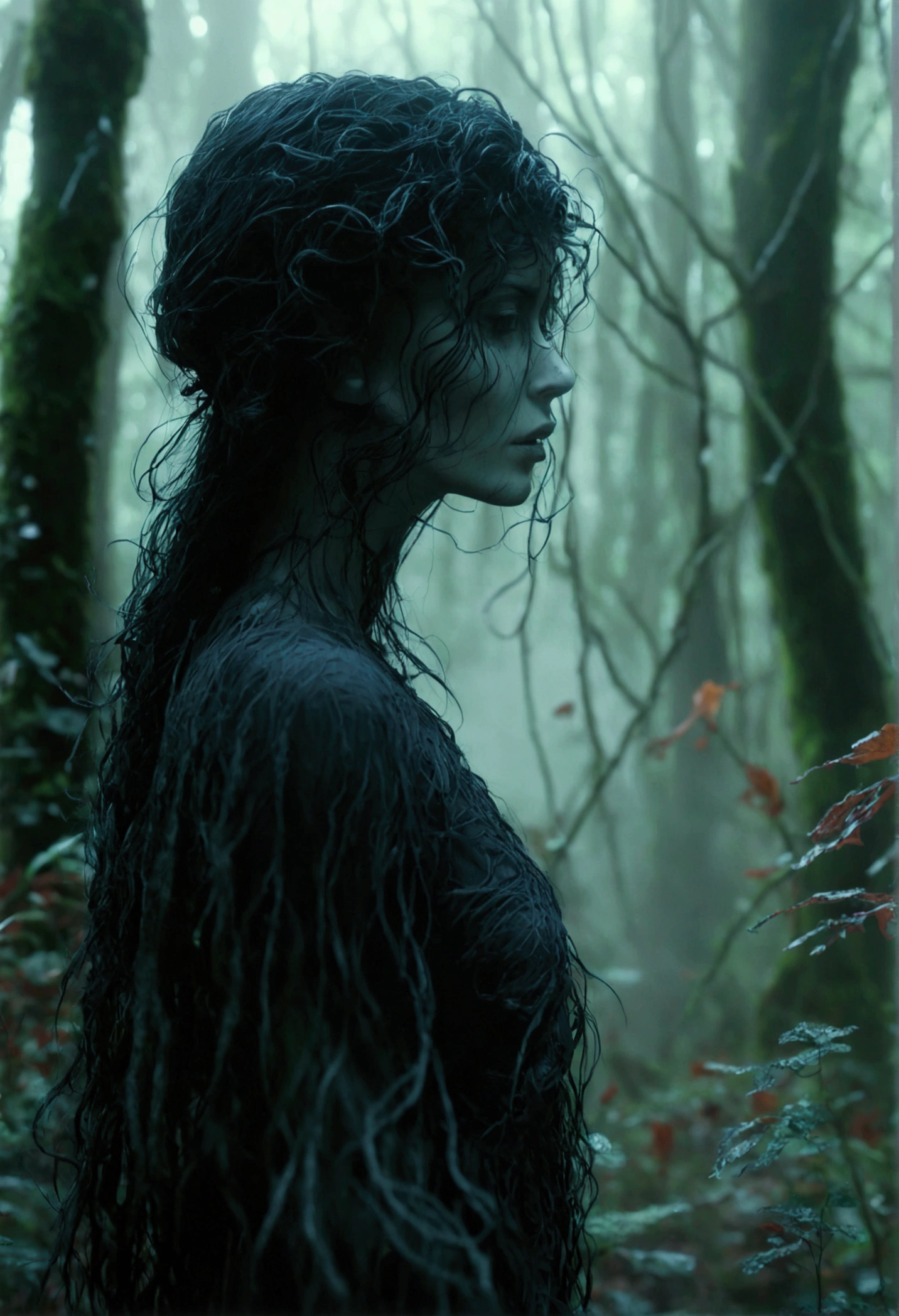 Eerie mist swirling around a mysterious figure in a dark forest, setting the eerie mood,hyperrealistic,cinematic,8k