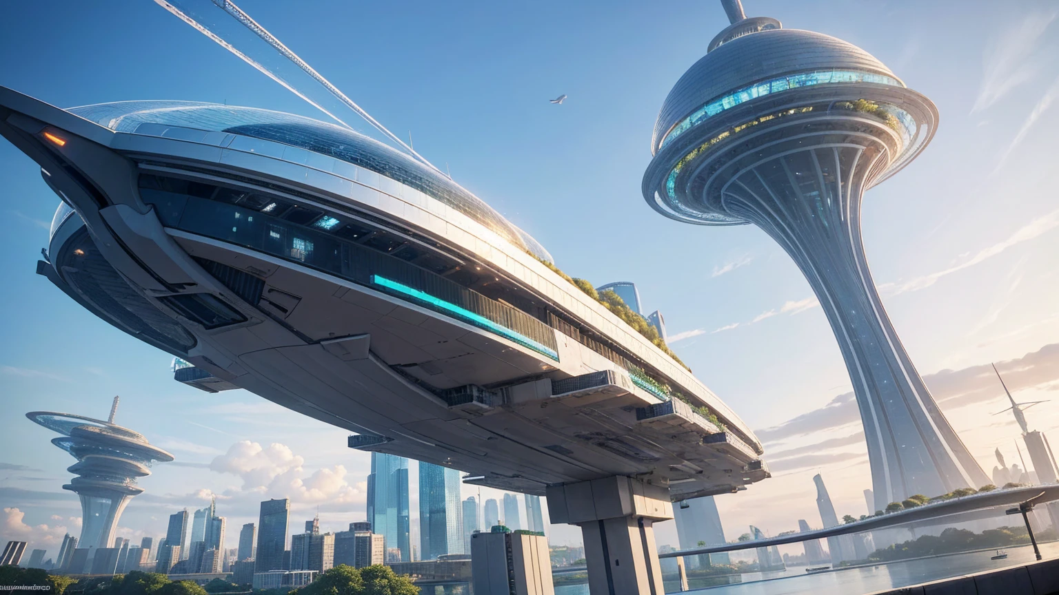 (Best quality,4K,8K,A high resolution,Masterpiece:1.2),Ultra-detailed,(Realistic,Photorealistic,photo-realistic:1.37),Futuristic floating city,Futuristic technology,Huge urban high-tech tablet platform,Airship,Floating in the sky,Futuristic city,Small airships around,High-tech hemispherical platform,Colorful lights,Advanced architecture,modernn architecture,skyscrapper,Access the cloud,Scenic beauty,view over city,Impressive design,Blend seamlessly with nature,energetic and vibrant atmosphere,Futuristic transportation system,Parking is suspended,Transparent path,Lush greenery,Sky gardens,cascading waterfalls,Magnificent skyline,reflections on the water,Sparkling river,Architectural innovation,futuristic skyscrapers,Transparent dome,The shape of the building is unusual,Elevated walkway,Impressive skyline,Glowing lights,Futuristic technology,Minimalist design,Scenic spots,Panoramic view,Cloud Piercing Tower,Vibrant colors,epic sunrise,epic sunset,Dazzling light display,magical ambiance,The future city,Urban Utopia,LuxuryLifestyle,Innovative energy,sustainable development,Smart city technology,Advanced infrastructure,Tranquil atmosphere,Nature and technology live in harmony,Awesome cityscape,Unprecedented urban planning,Architecture connects seamlessly with nature,High-tech metropolis,A cutting-edge engineering marvel,The future of urban living,Visionary architectural concept,Energy-efficient buildings,Harmony with the environment,A city floating above the clouds,Utopian dreams become reality,The possibilities are endless,State-of-the-art transportation network,Green energy integration,Innovative materials,Impressive holographic display,Advanced communication system,Breathtaking aerial view,Quiet and peaceful environment,Modernist aesthetics,Ethereal beauty