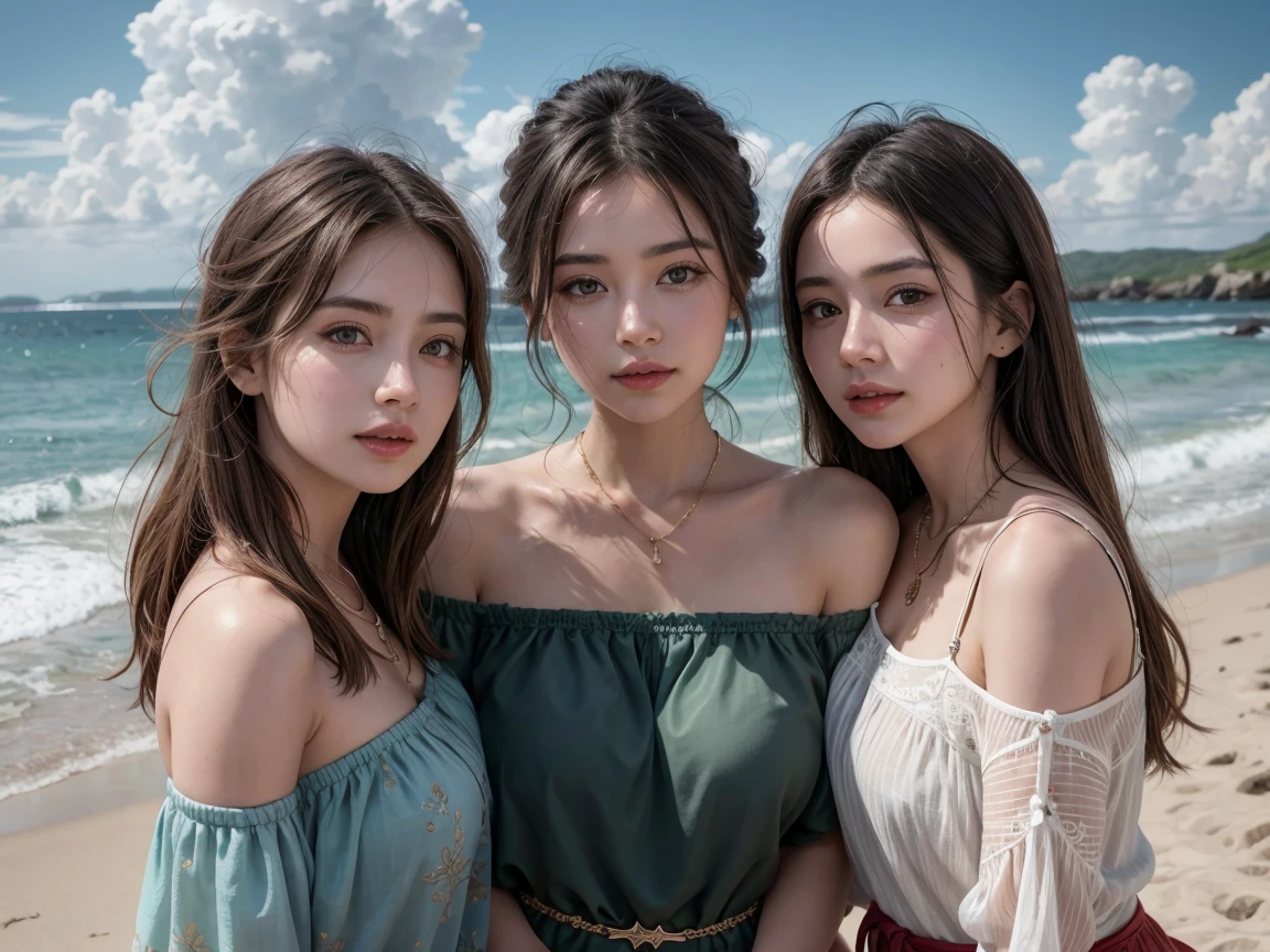 3 women,(best quality:1.1) ,(realistic:1.1), (photography:1.1), (Highly detailed:1.1), look at viewer,armband, Jade bracelet, eyelash, be happy, Medium bust,Beautiful girl captures details, (Very detailed eyes and face), (light on face),necklace,colorful clothes, [Chinese clothes],[off shoulder], (alone:1.2), sandbeach,sand,Standing by the sea, summer, (Beautifully detailed sky),see through,