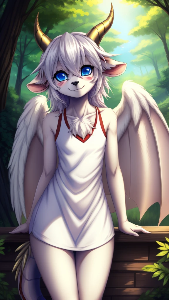 By zinfyuu on pixiv,by twistedscarlet60, uploaded on pixiv, by fluff-kevlar, (masterpiece), (best quality), (anthro furry:1.3, snout:1.2, anthro:1.3, furry:1.2, solo female:1.2), (extremely detailed:1.3), (blue_detailed_eye),Buster whelp, wearing white dress,  sfw, forest,mature woman,  view on viewer, feminine_small_chested, small thighs, slim body, dragon,thigh clotches, golden horn, white hair, blue eyes, wing, white body skin, white face,shy smile, blushing