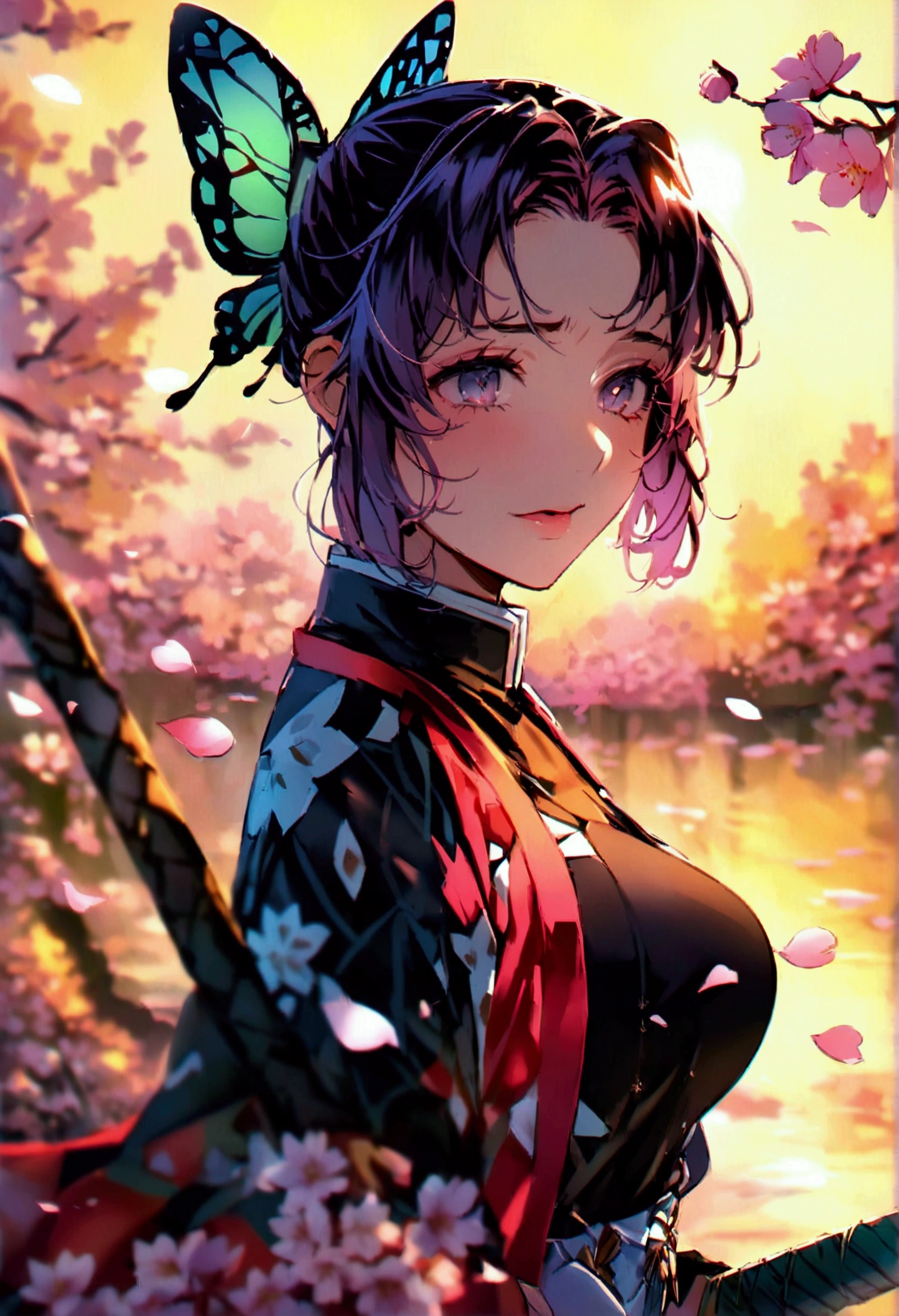 Shinobu Kocho'Highly detailed and high resolution masterpiece, Large Breasts、The beautiful and terrifying dynamic action of the Demon Slayer Corps. The butterfly-themed costume features intricate details and、accentuate the intense expression on her face. Setting up a sunset scene, A tranquil pond with cherry blossom petals in the background. Utilizing rich colors and three-dimensional light、Expressing mysterious beauty and strength。See-through underwear