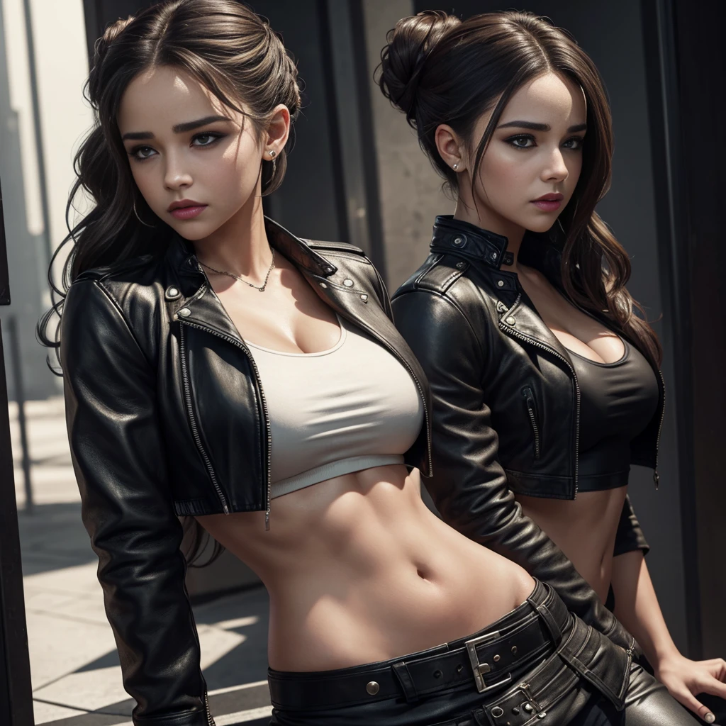 An ultra-realistic CG illustration of an american EMILIA CLARK with a piercing gaze and bold makeup. She's wearing a leather jacket with a crop top, and her long hair is styled in a sleek updo.