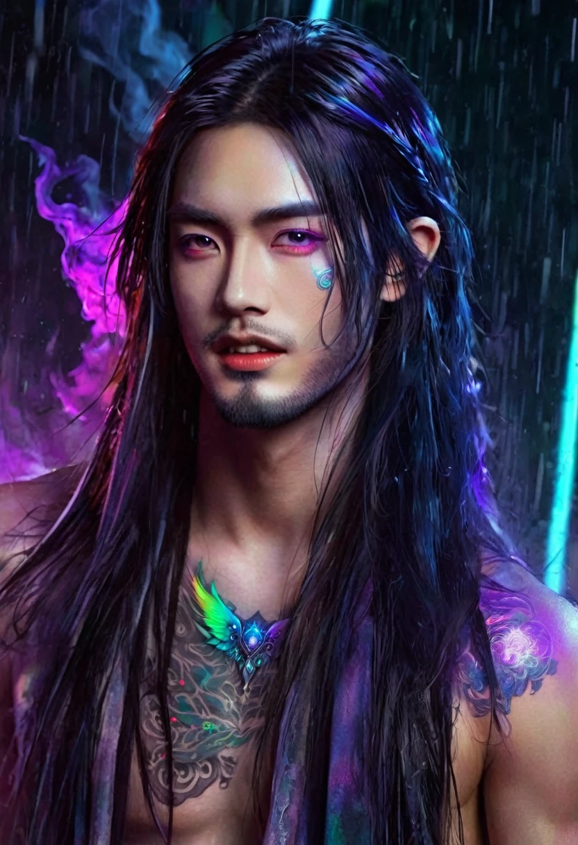 An ethereal sultryseductivedemonic 20 year old anime male druid with metallic long hair and tattoos, delicate masterpiece intimate glowing neon tattoos, anime druid demon male hellscape at night, manga inspired by Masashi Wakui, rainbow color palette, atmospheric fog, decay, worn textures, rain-soaked fantasy village, manga-style illustration --s 150 --ar 1:2 --c 5 Removed From Image