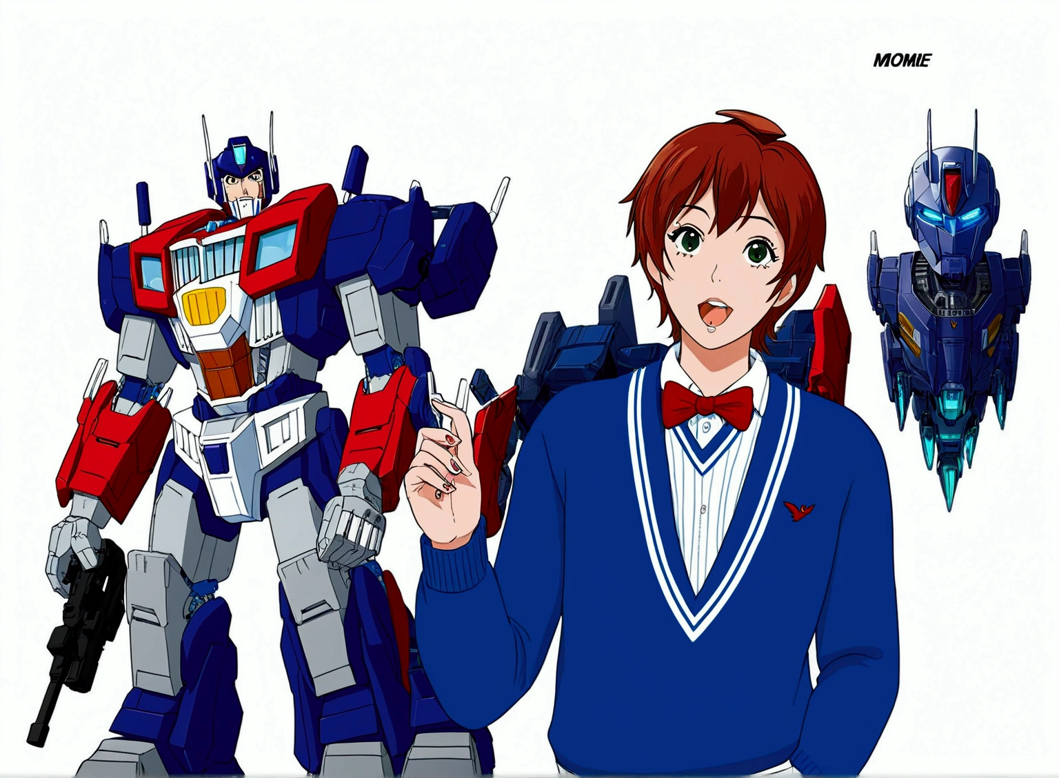 Optimus Prime, Momoe Sawaki, 1girl, 1boy, giant mecha robot, detailed cyberpunk characters, detailed futuristic sci-fi setting, dramatic lighting, cinematic composition, 8k, photorealistic, hyperdetailed, dramatic colors, moody atmosphere, intricate mechanical details, advanced technology, intricate machinery, glowing energy effects, dynamic poses, intense action